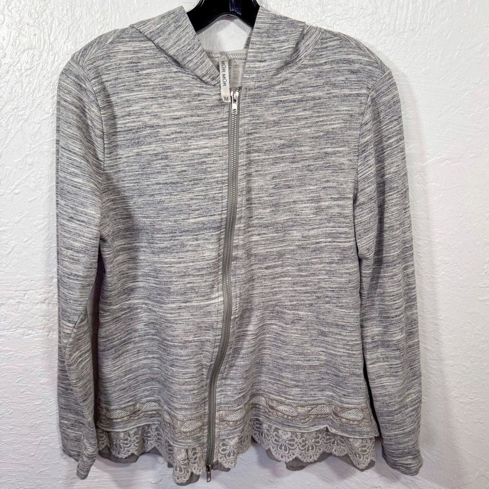 Mur Mur Gray Zip Up Hoodie Floral Embroidered Lace Trim Casual Size M